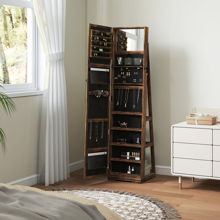 360° Swivel Jewellery Cabinet, Free Standing Full Length Mirror with Storage, Lockable Jewellery Organiser with Built-in Makeup Mirror and Storage Shelves for Bedroom, Rustic Brown