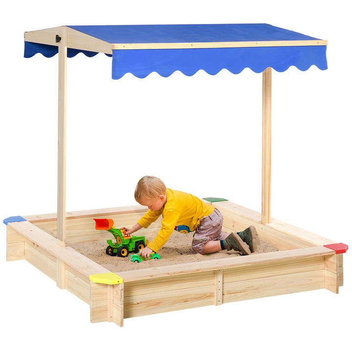 Outsunny Kids Wooden Sandpit Children Cabana Square Sandbox Outdoor Backyard Playset Play Station Adjustable Canopy Bench Seat 120x120x120cm