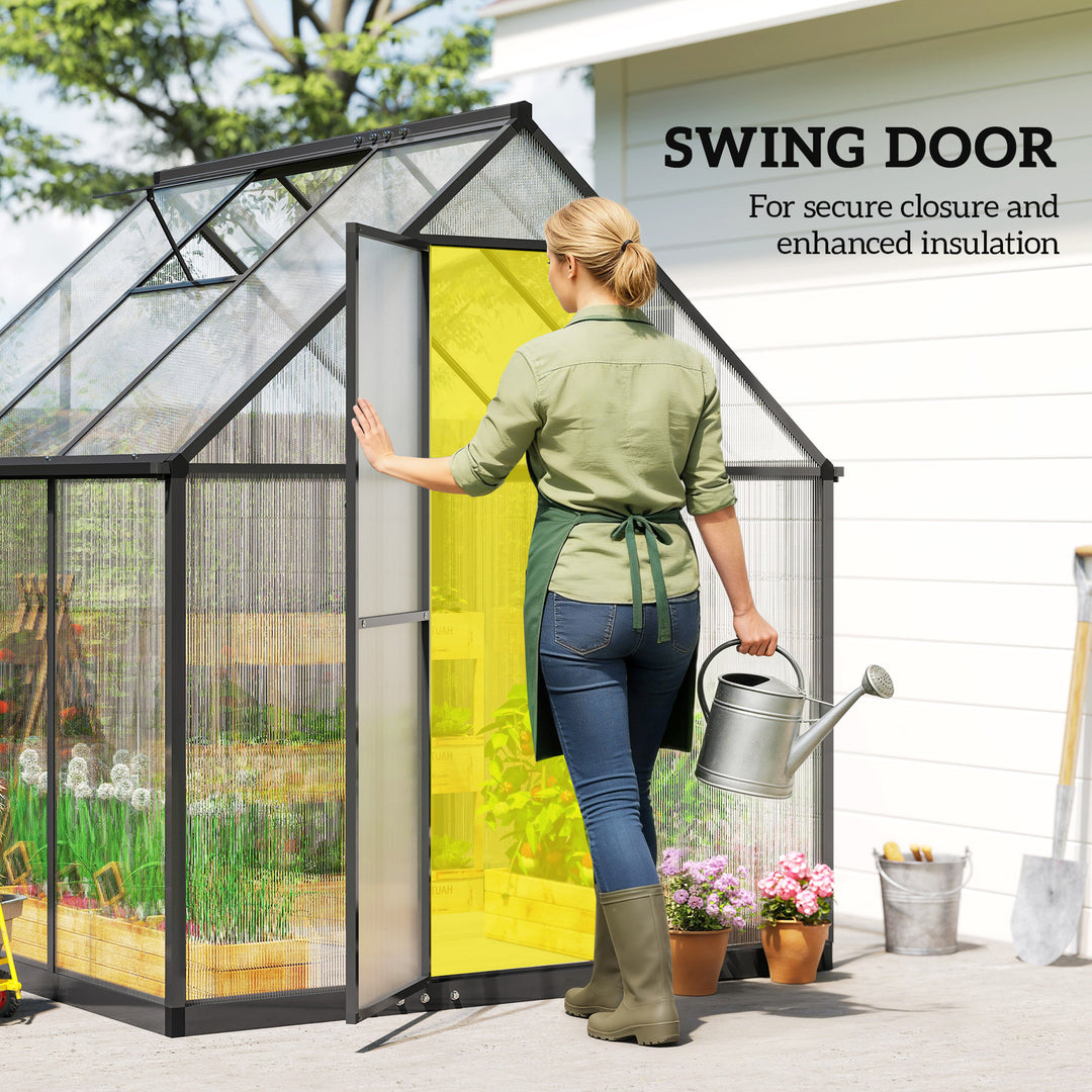 Polycarbonate Greenhouse with Swing Door and Adjustable Window, Walk-in Greenhouse with Rain Gutter, 6 x 6.5ft