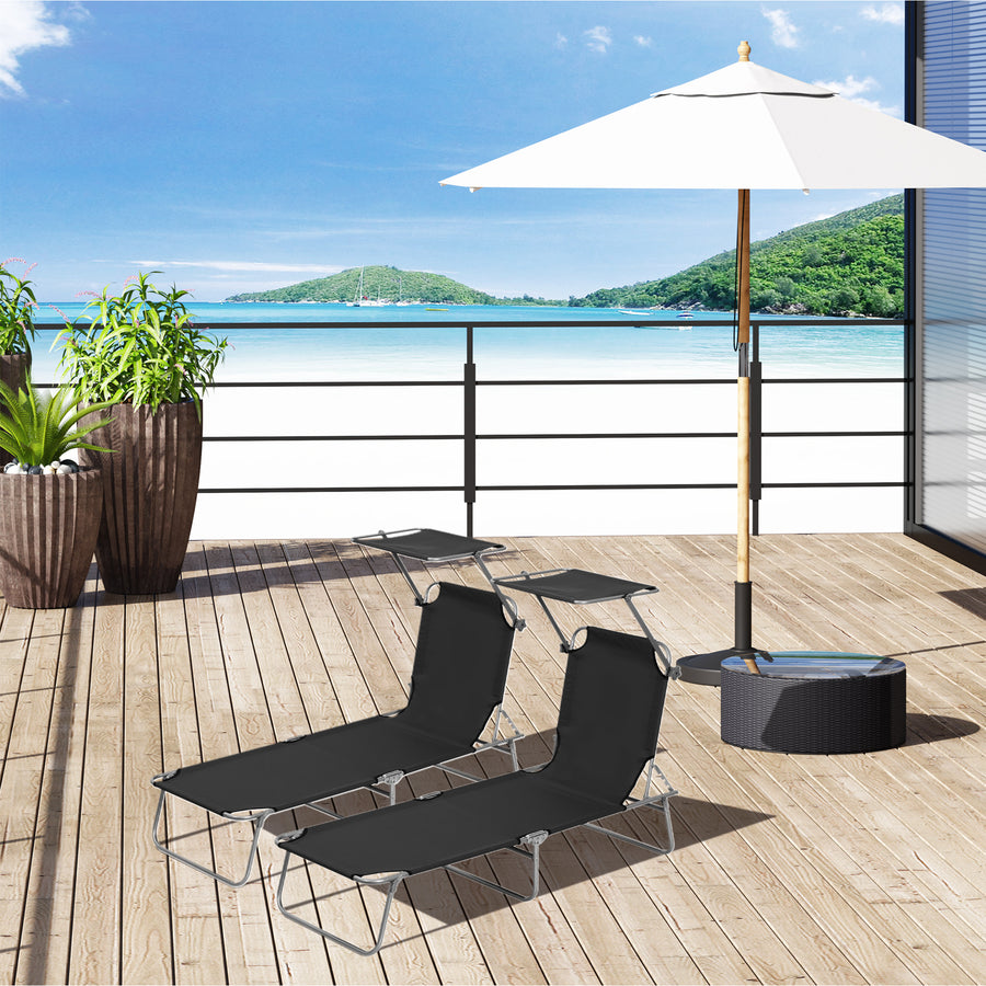 2 Pieces Outdoor Foldable Sun Lounger, 4 Level Adjustable Backrest Reclining Sun Lounger Chair with Angle Adjust Sun Shade Awning for Beach, Garden, Patio, Black
