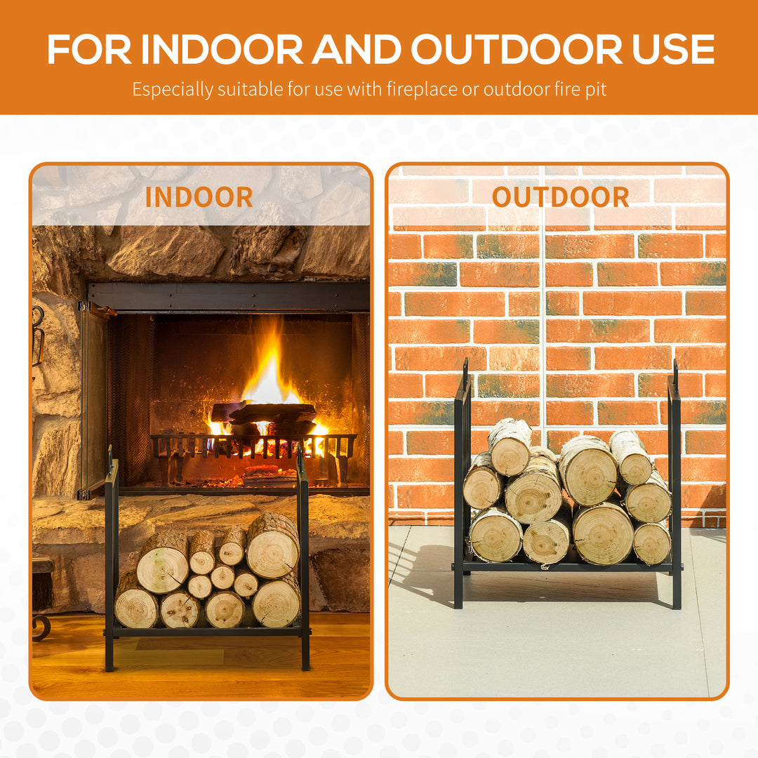 MCL Metal Firewood Log Holder Indoor Outdoor Firewood Rack Fireplace Wood Storage Shelf w/ Handles, Rust-Resistant, Black, 39L x 32.5W x 46Hcm