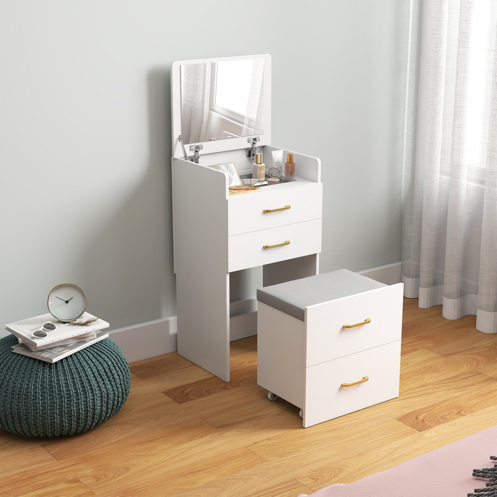 3 in 1 Dressing Table with Flip-top Mirror and Rolling Stool, Modern Vanity Desk with Visible Glass Tabletop, Drawers and Side Hook, Makeup Table with Cushioned Storage Stool for Bedroom, White