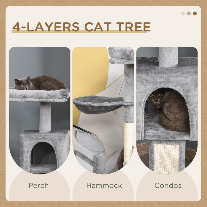 PawHut Cat tree Tower 111cm Climbing Kitten Activity Centre with Sisal Scratching Post Pad Perch Hanging Ball Hammock Condo Toy Grey | Aosom UK