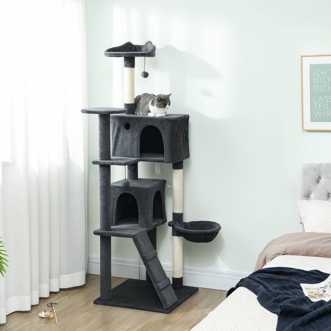 MCL 180cm Large Cat Tree Tower with Sisal Scratching Posts, Condos, Plush Perches, Hammock, Ladder, Dark Grey