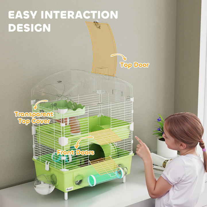 3-Tier Hamster Cage with Transparent Top, Sand Bathroom, Exercise Wheel, Hideout Room, Tubes, 45 x 28 x 60 cm, Green