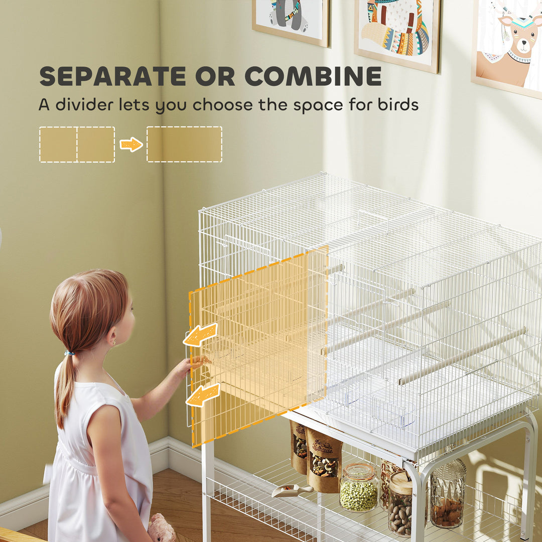 Bird Cage with Divider, 4 Wooden Perches, Slide Out Tray, 4 Feeders, for Budgie, Lovebird, Canary, 76 x 46 x 116cm White