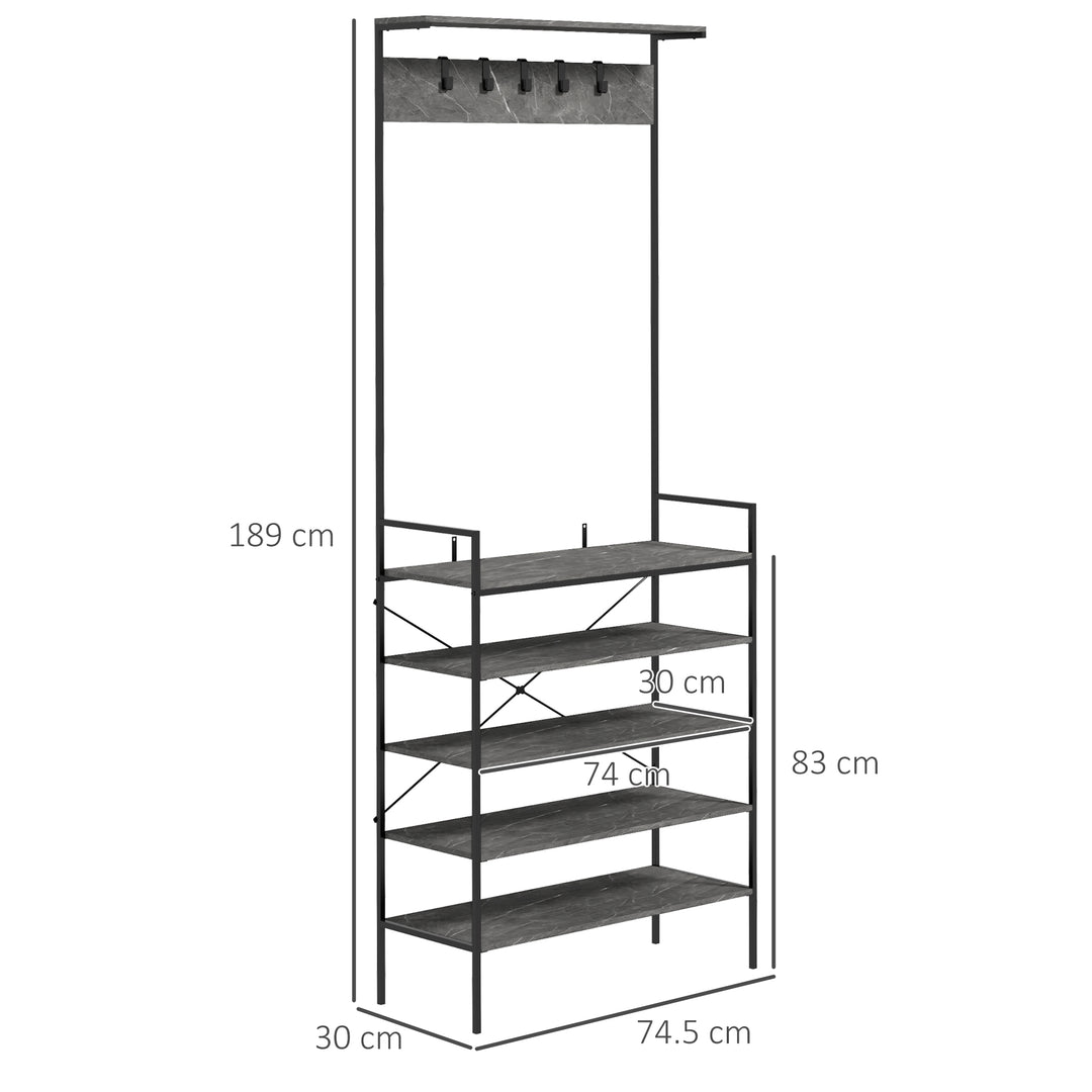 HOMCOM Coat Stand, Industrial Coat Rack w/ Shoe Storage, Free Standing Hall Tree w/ 5 Hooks, 5 Shelves, Steel Frame for Hallway, Grey Marbled