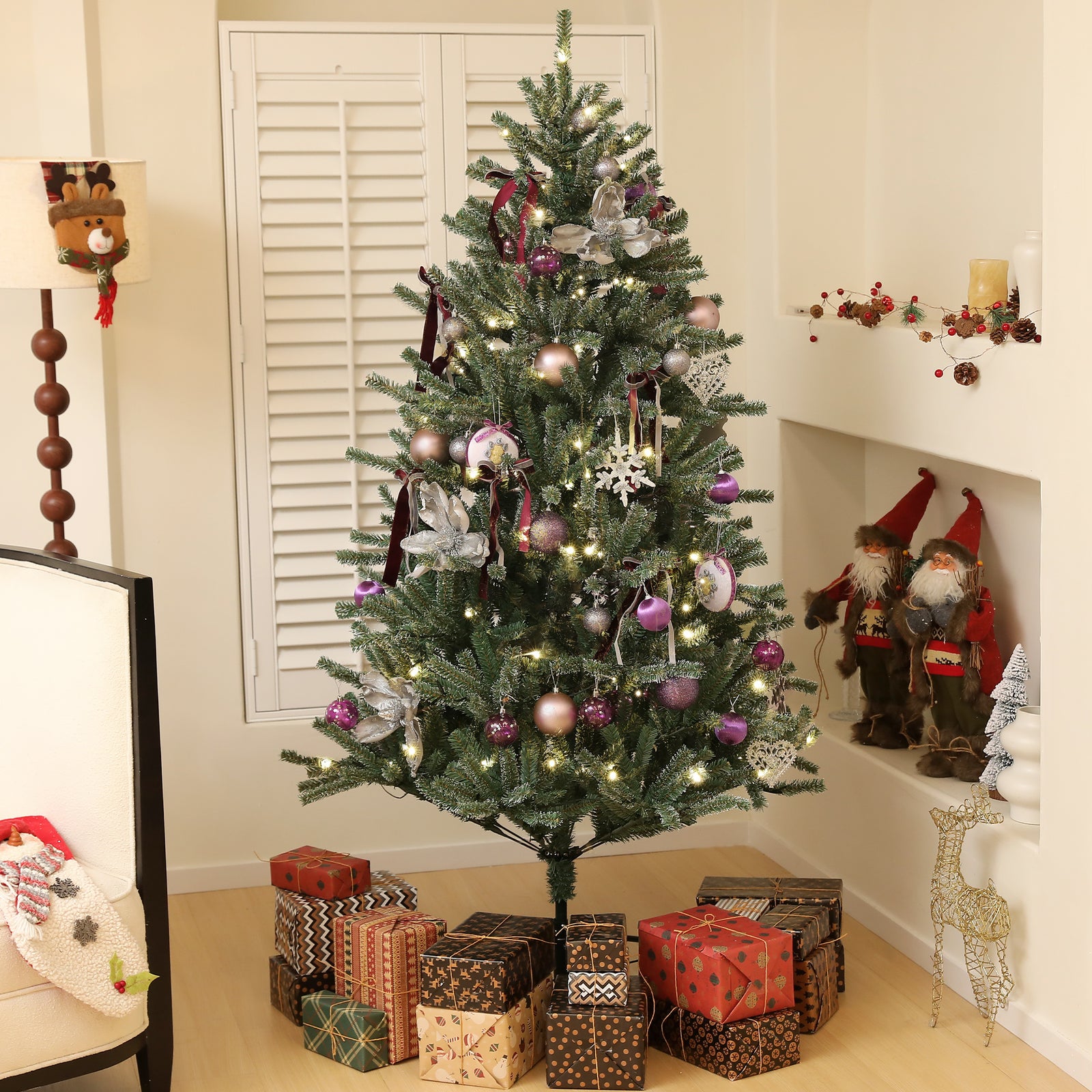 6ft Artificial Christmas Tree, with Purple Decorations and Lights