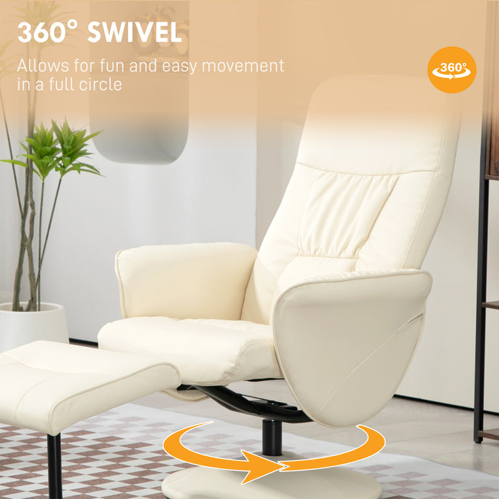 Swivel Recliner Chair with Footstool, PU Leather Armchair and Ottoman with High Back and Round Base for Living Room, Cream White