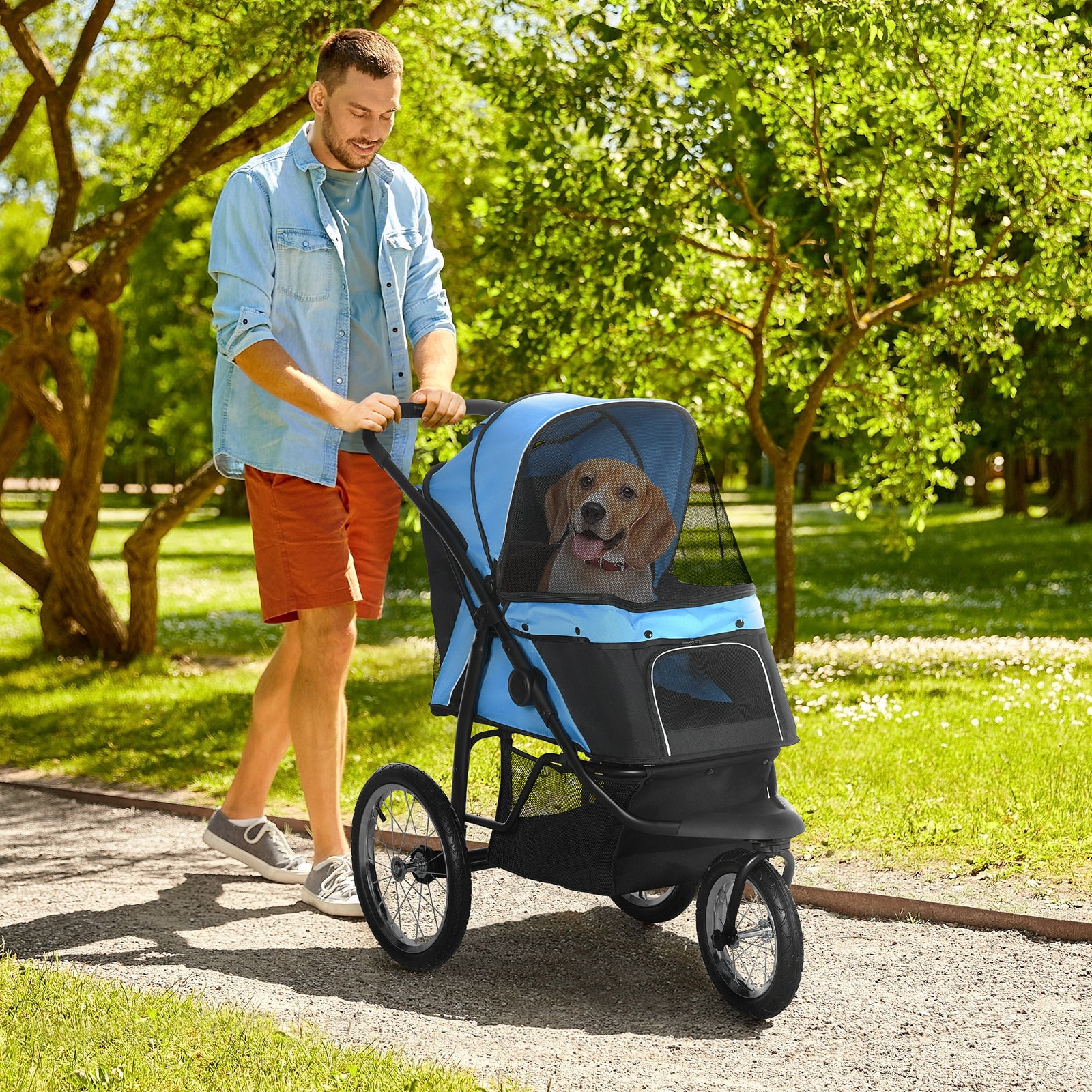 Foldable Pet stroller, Dog Buggy with Three Wheels, for Small/Medium Dogs, Blue