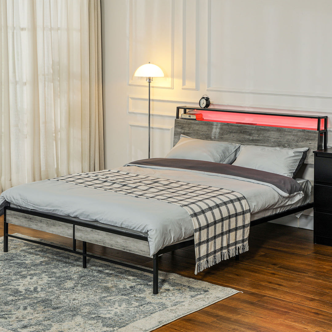 Double Steel Bed Frame, with LED Lights and Headboard Shelf - Grey