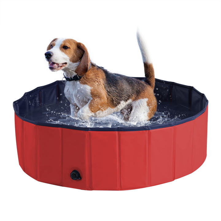 Dog Paddling Pool, Foldable Dog Pool, Leakproof & Hard Plastic, Portable Pet Bathtub with Non-Slip Base & Drainage Hole, for Indoors, Outdoors, Garden, Patio, 100 x 30 cm, Red