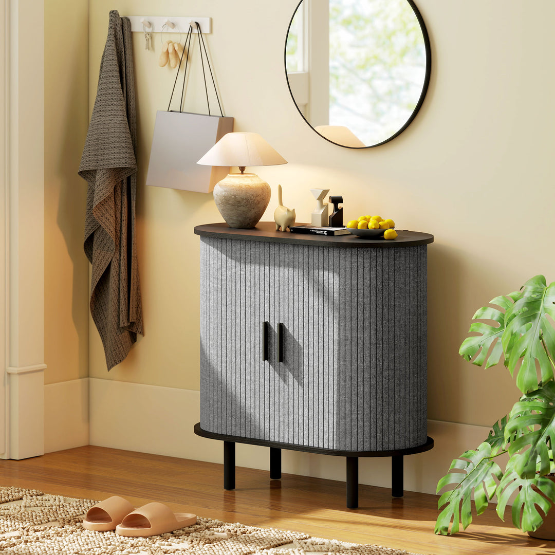 MCL Tambour Sideboard with Fluted Sliding Doors, Modern Kitchen Cupboard with Storage Shelves and Wooden Legs, Grey