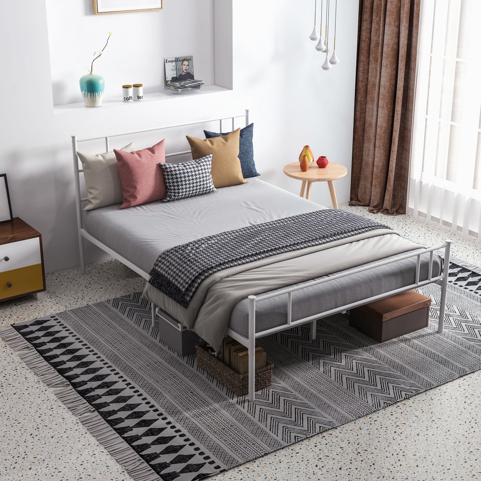 Double Metal Bed Frame Solid Bedstead Base with Headboard and Footboard, Metal Slat Support and Underbed Storage Space, Bedroom Furniture, White