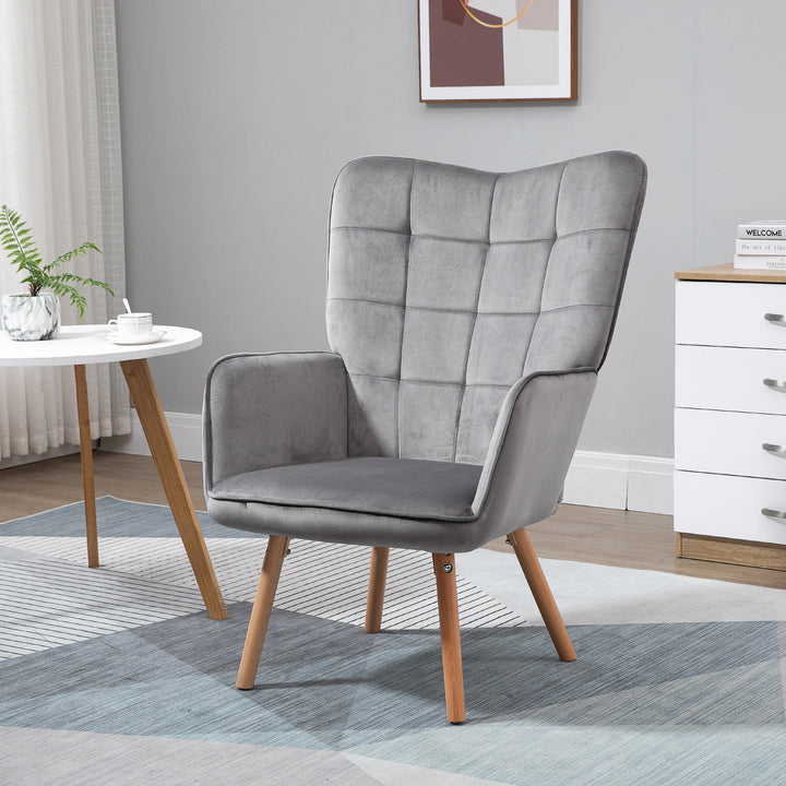 MCL Modern Accent Chair, Upholstered Tufted Wingback Armchair with Seat Padding, Velvet Leisure Lounge Bedroom Chair with Wood Legs, Grey