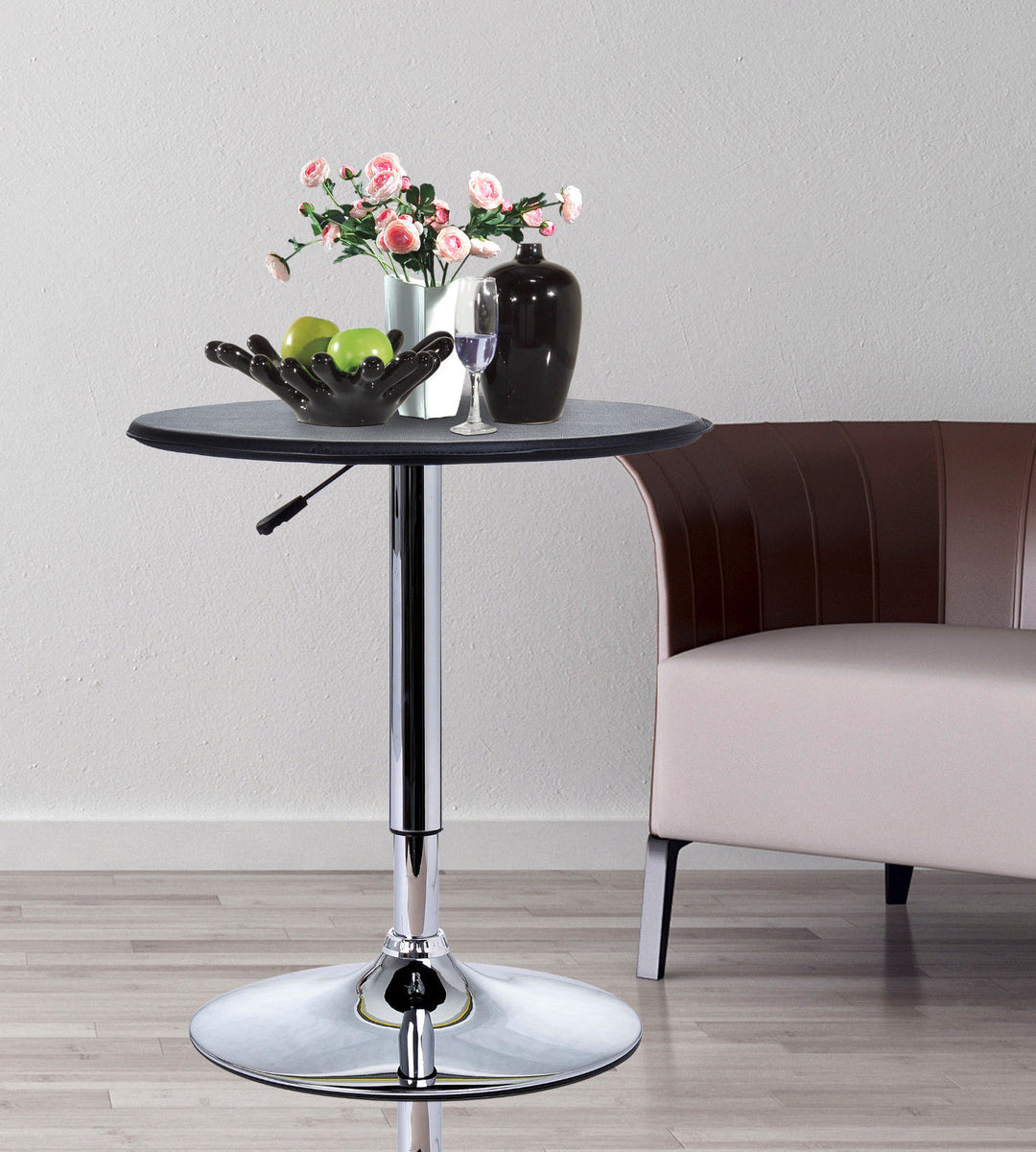 HOMCOM Adjustable Round Bistro Bar Table with PVC Leather Top Steel Base Home Kitchen Dining Desk  Black