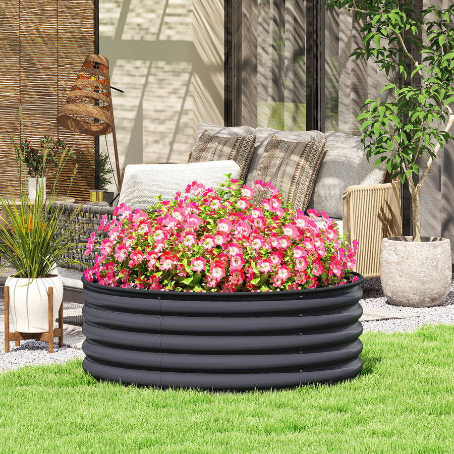 Galvanised Raised Garden Bed with Safety Edging, Outdoor Raised Planter Box with Gloves, 120 x 120 x 43cm, Dark Grey