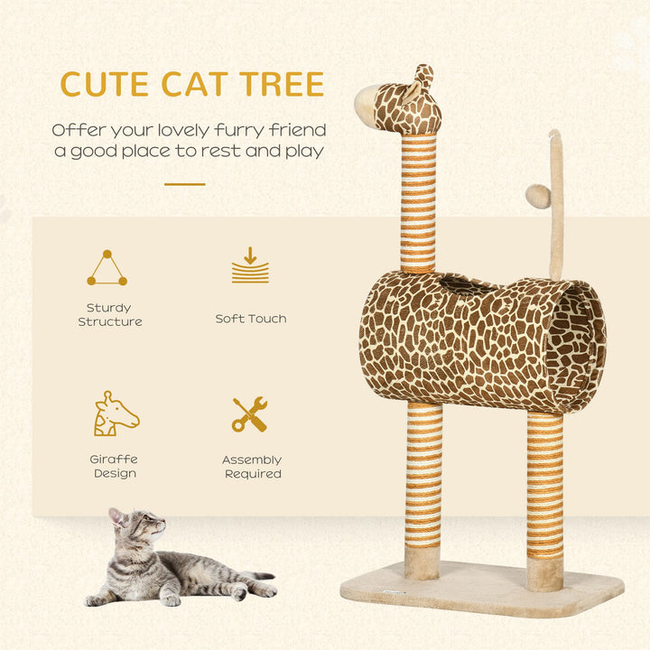 PawHut Giraffe Cat Tree, Indoor Play Tower with Scratching Posts, Tunnel, Ball Toy, 48.5 x 34.5 x 101 cm | Aosom UK