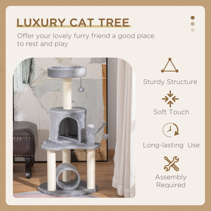 PawHut Cat Tree Tower Climbing Activity Center Kitten Furniture with Jute Scratching Post Bed Tunnel Perch Hanging Balls Grey | Aosom UK