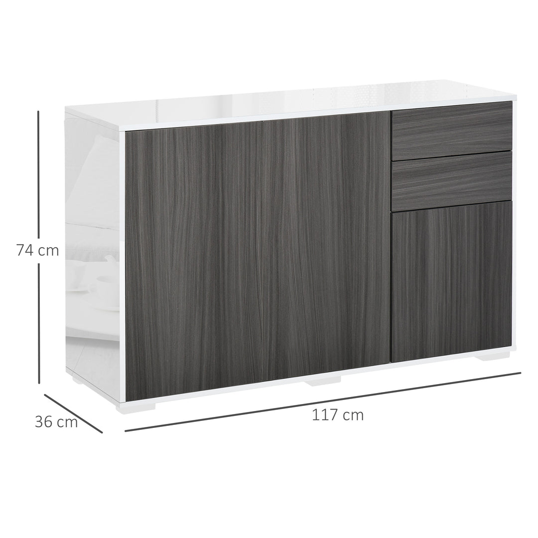 HOMCOM High Gloss Sideboard: Living Room/Bedroom Cabinet, Push-Open, 2 Drawers, Light Grey & White | Aosom UK