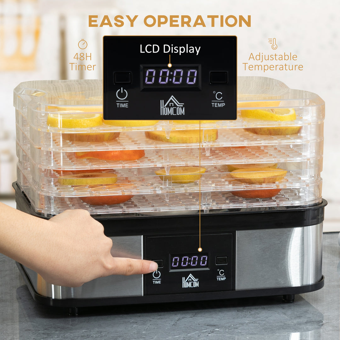 HOMCOM 5 Tier Food Dehydrator, 245W Stainless Steel Food Dryer Machine with Adjustable Temperature, Timer and LCD Display for Drying Fruit, Silver