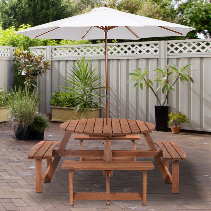 Outsunny 8 Seater Round Wooden Pub Bench Picnic Table Furniture Set for Outdoor Garden or Patio