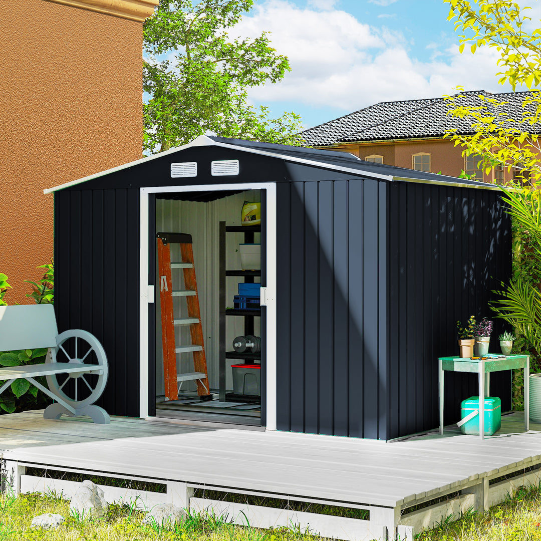 MCL 9 x 6ft Metal Bicycle Shed, Outdoor Storage Tool House with Ventilation Slots, Foundation Kit and Lockable Double Doors, Dark Grey