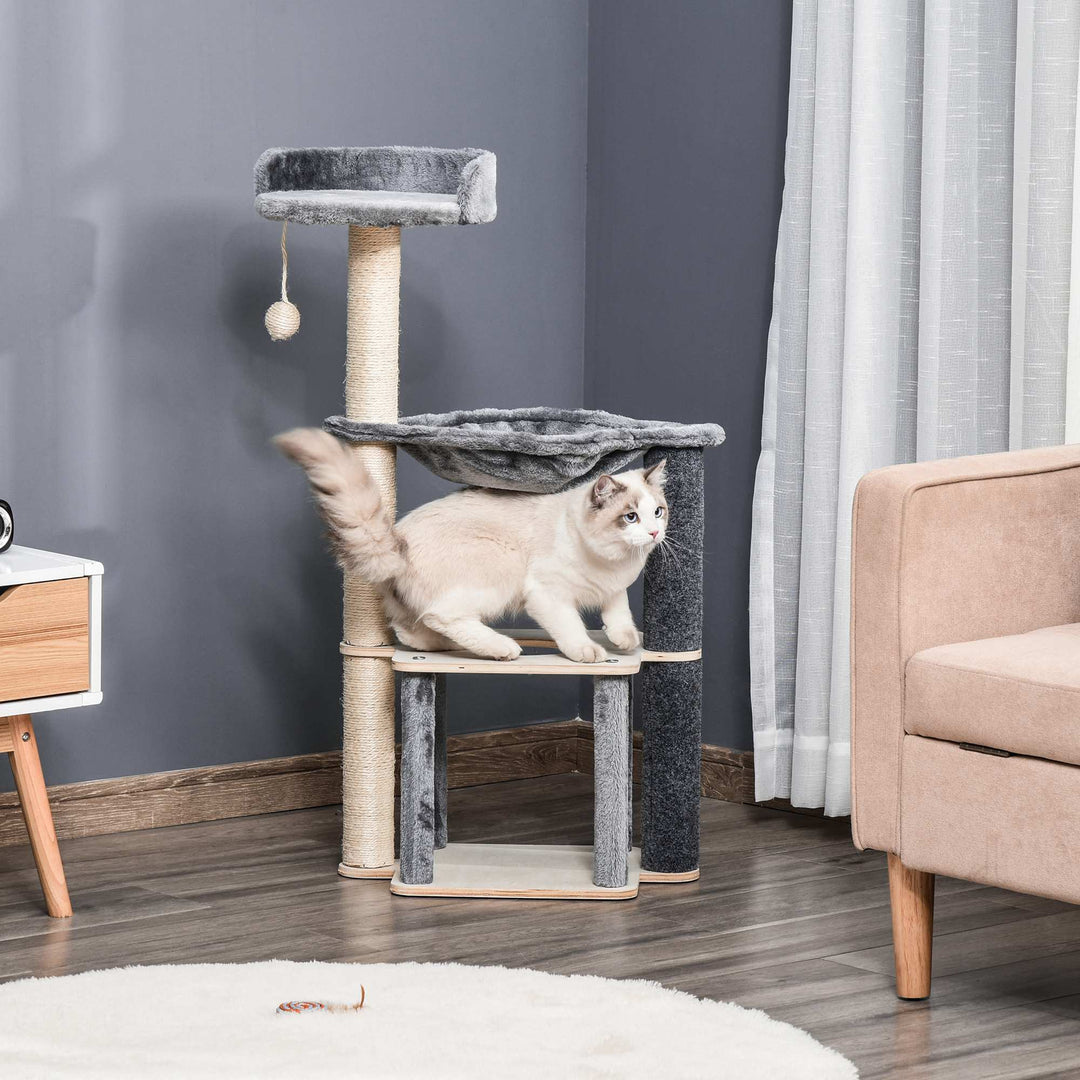 Cat Tree for Indoor Cats 95cm Climbing Tower Kitten Activity Center with Sisal Scratching Post Perch Roomy Condo Hammock Removable Felt Hanging Toy, Grey