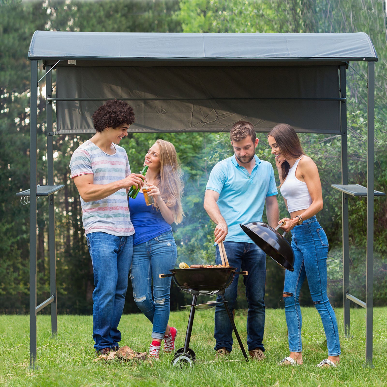 2.2 x 1.4m BBQ Shelter, Outdoor Grill Gazebo Canopy with Shelves, Hanging Hooks, and Metal Frame, for Garden Patio Backyard