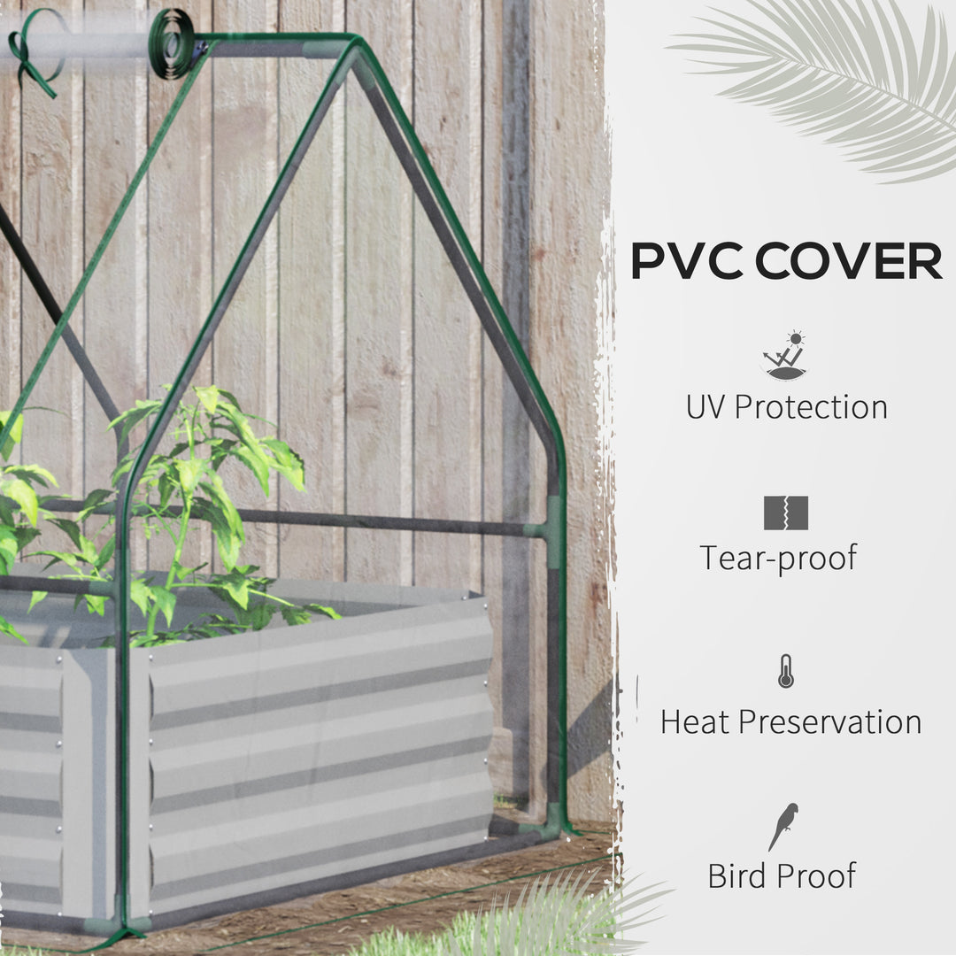 Raised Garden Bed with Greenhouse, Steel Planter Box with Plastic Cover, Roll Up Window, Dual Use for Flowers, Vegetables, Fruits and Herbs, 127L x 95W x 92H cm, Clear