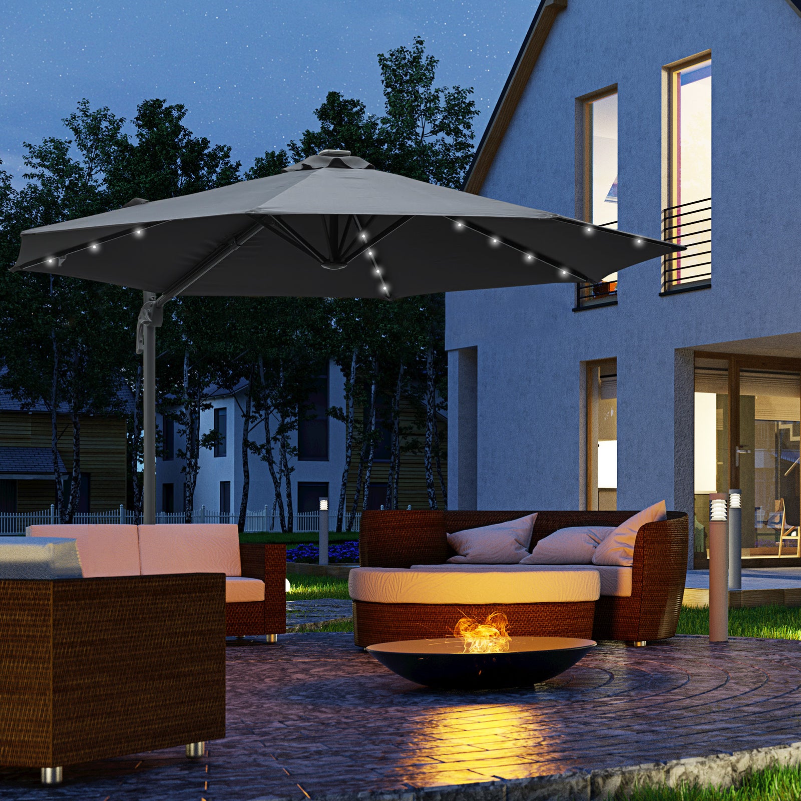 3(m) Cantilever Roma Parasol Patio Sun Umbrella with Crank & Tilt LED Solar Light Cross Base 360° Rotating Outdoor, Dark Grey