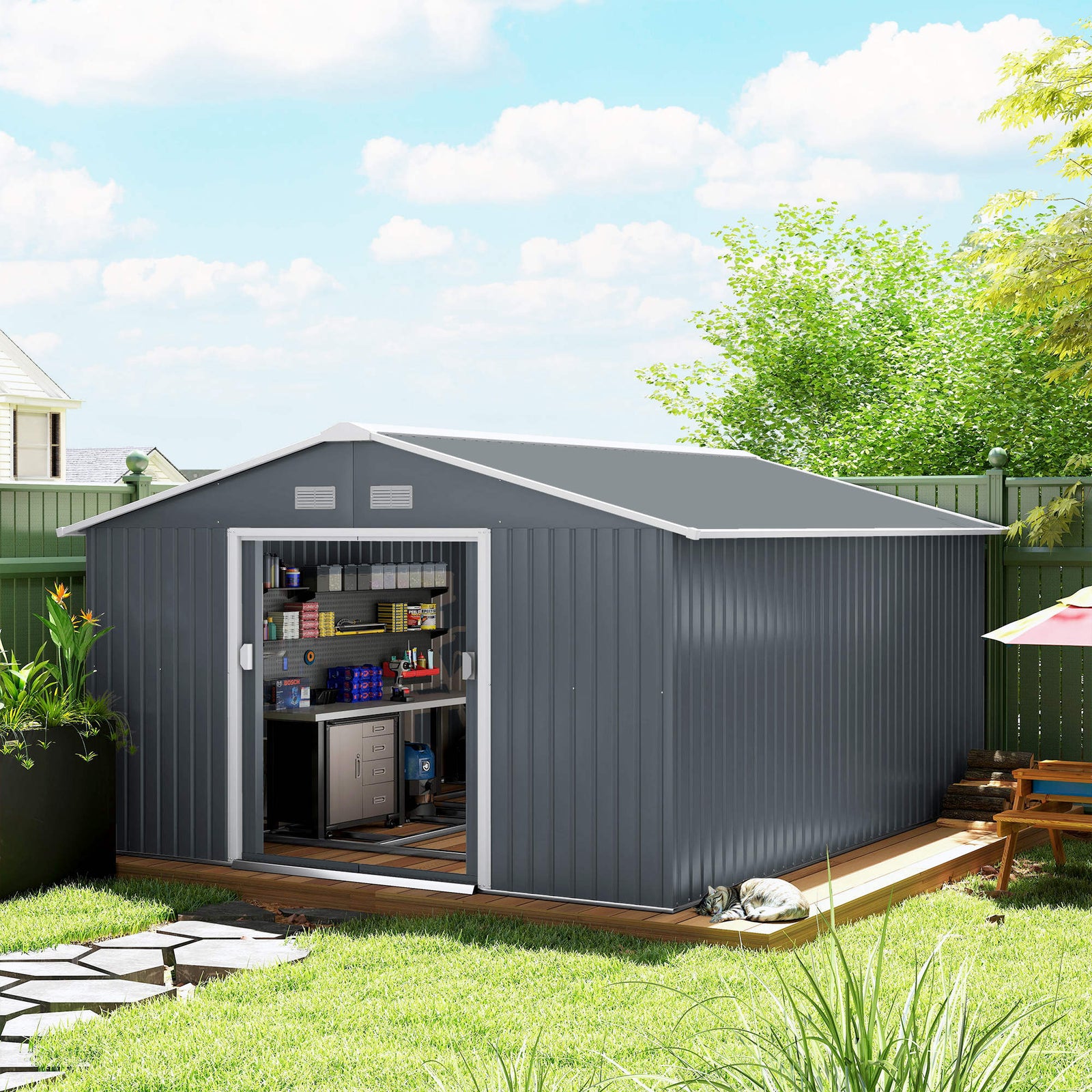 13 x 11ft Metal Garden Shed, Outdoor Storage Tool House with Ventilation Slots, Foundation Kit and Lockable Double Doors, Grey