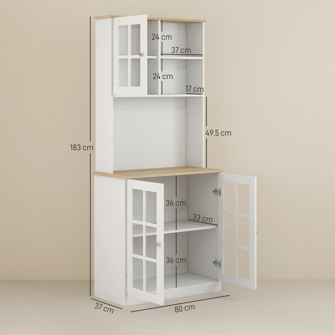 Freestanding Kitchen Cupboard, Storage Cabinet with Doors and Adjustable Shelves, Counter Top, Grid Glass Doors, 80L x 37W x 183H cm - White
