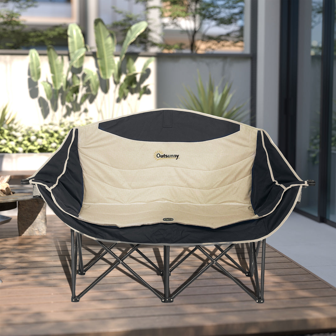 Double Camping Chair for Adults, Oversized Heavy Duty Padded Folding Chair with Armrests, Cup Holders and Carry Bag for Outdoor Camping Hiking Picnic Fishing, 250kg Capacity, Khaki