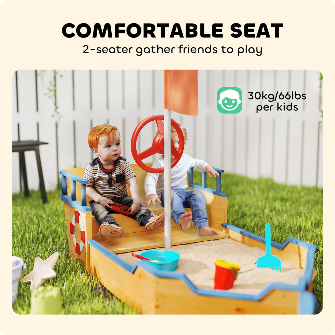 Sand pit Kids Children Sandpit Wooden Pirate Ship Sandboat Outdoor Backyard Playset w/Bench Bottom Liner