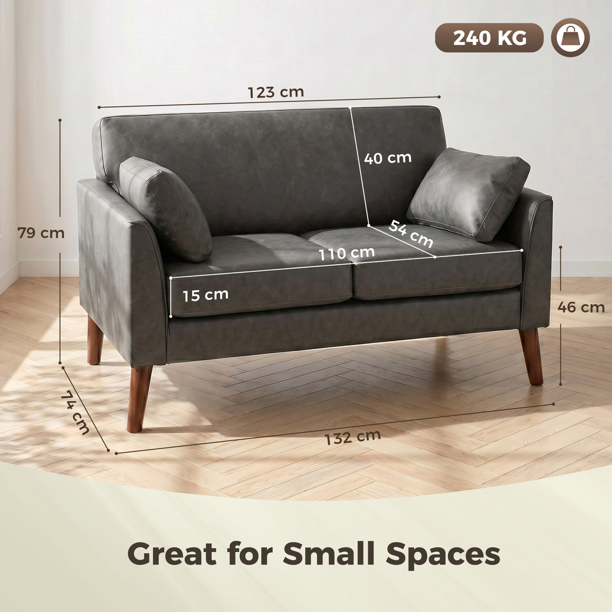 2 Seater Sofa, 132 cm Modern Small Sofa with Solid Wood Legs and 2 Pil
