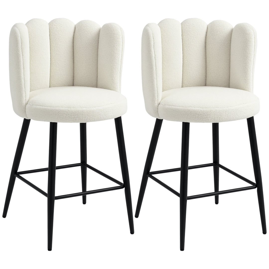 Bar Stools Set of 2, Faux Cashmere Upholstered Breakfast Bar Chairs, Modern Kitchen Stools with Backs, Footrest and Steel Base, Cream