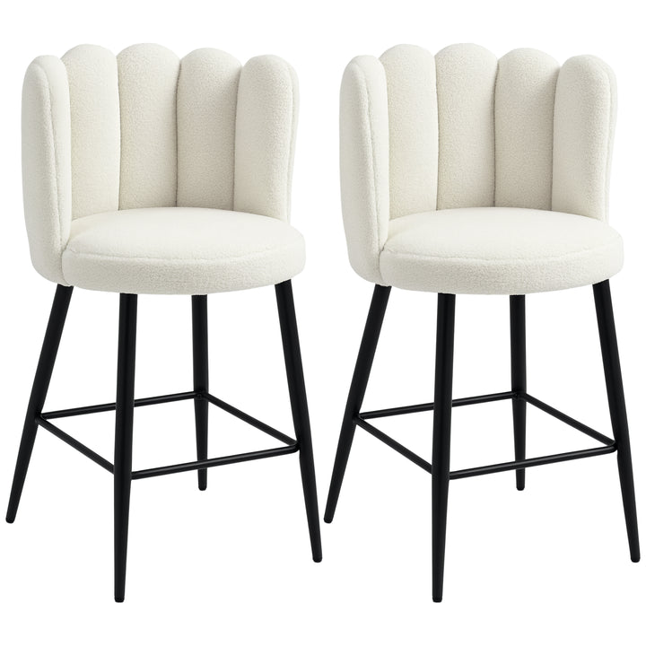 Bar Stools Set of 2, Faux Cashmere Upholstered Breakfast Bar Chairs, Modern Kitchen Stools with Backs, Footrest and Steel Base, Cream