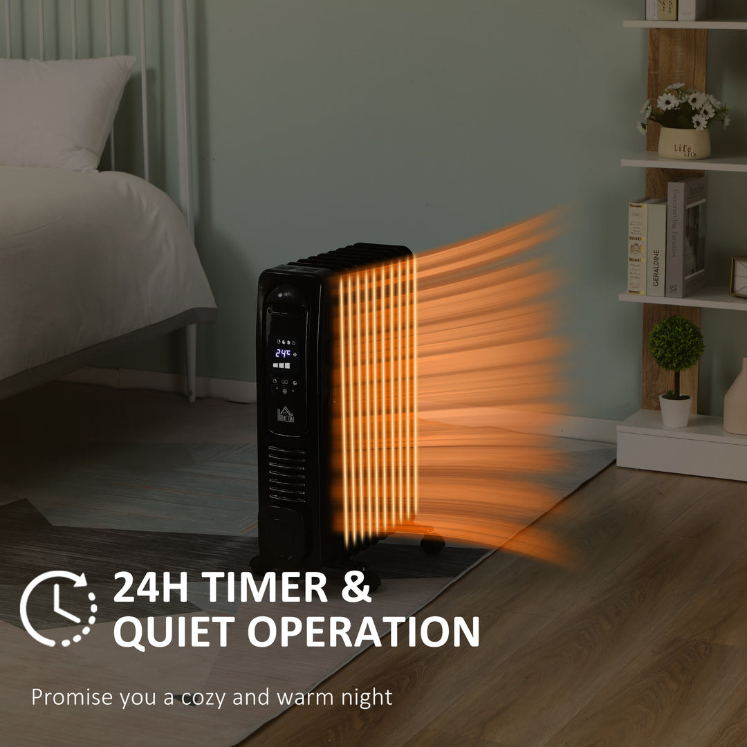 MCL 2000W Digital Oil Filled Radiator, 9 Fin, Portable Electric Heater with LED Display, Timer, 3 Heat Settings, Safety Cut-Off and Remote Control, Black