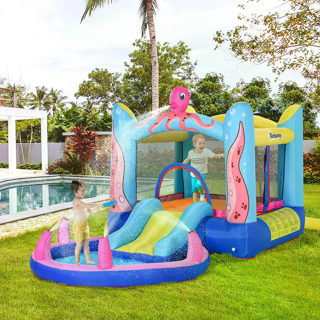 Outsunny Kids Bounce Castle House Inflatable Trampoline Slide Water Pool 3 in 1 with Inflator for Kids Age 3-12 Octopus Design 3.8 x 2 x 1.8m