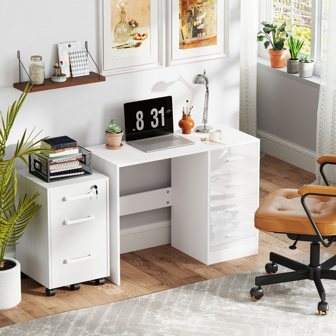 Computer Desk with Drawers, Dressing Table, High Gloss Home Office Writing Workstation, White