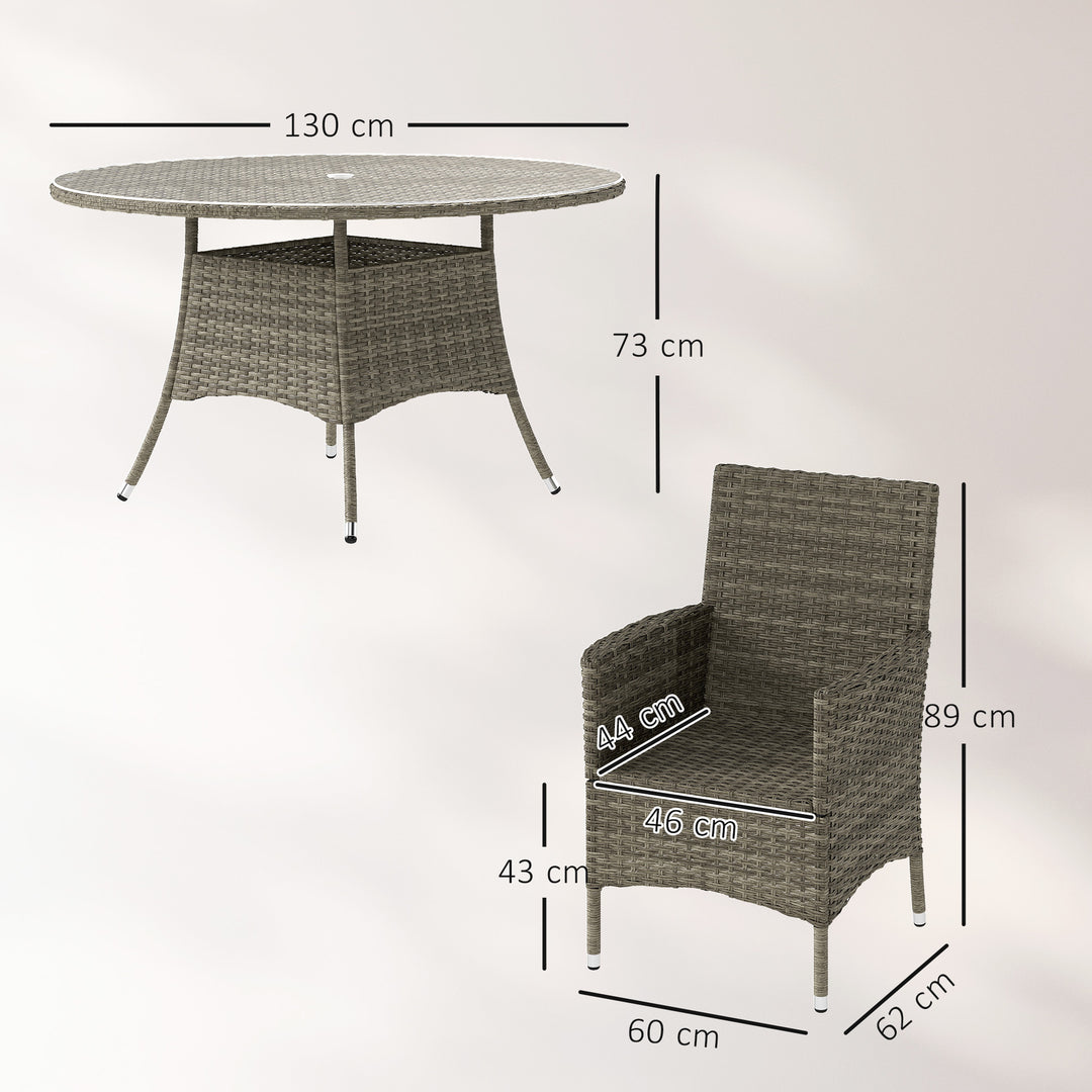 Seven-Piece Rattan Dining Table, with Round Glass-Top Table - Light Grey
