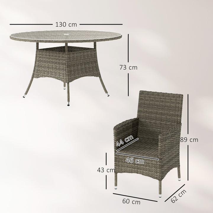 Seven-Piece Rattan Dining Table, with Round Glass-Top Table - Light Grey
