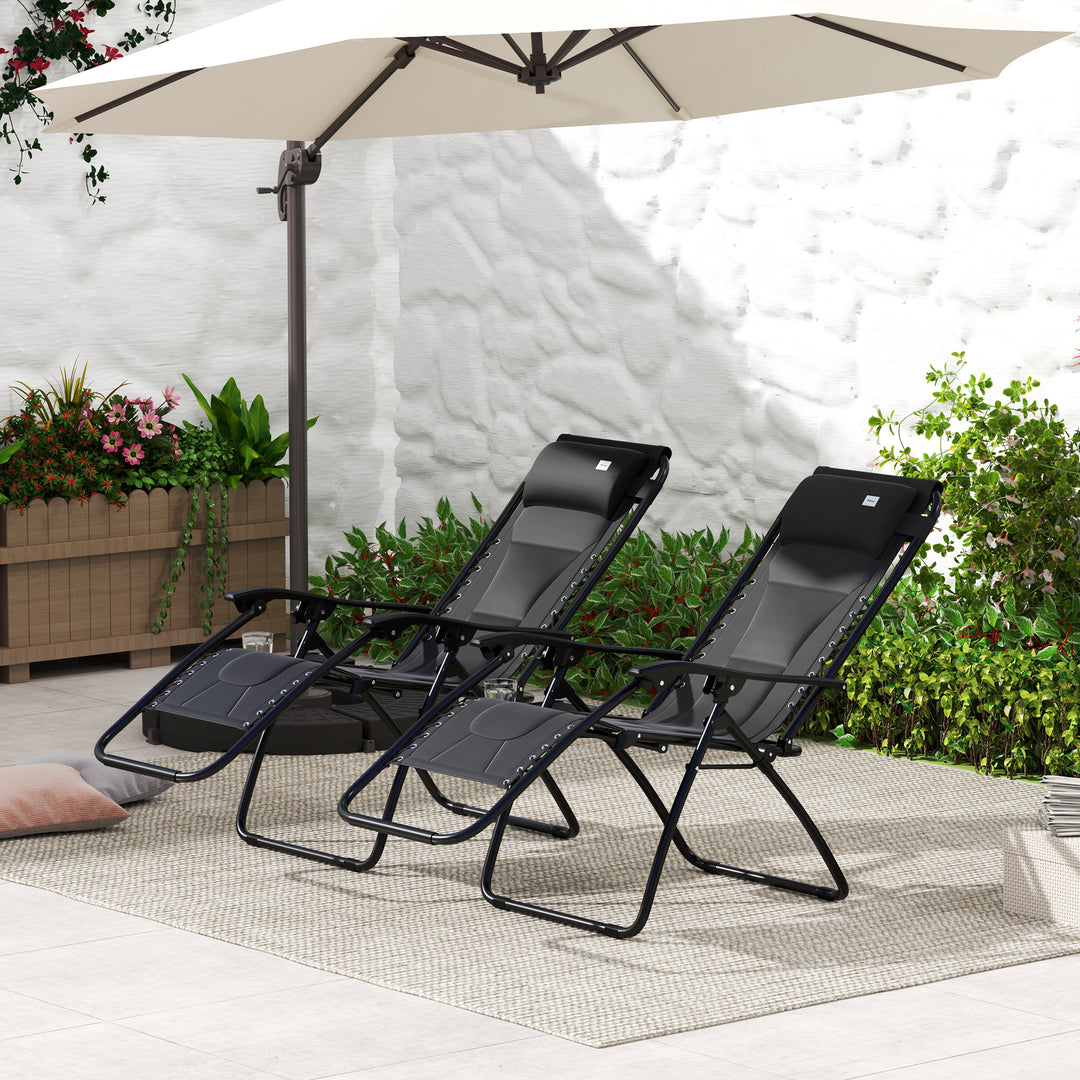 Zero Gravity Lounger Chair Set of 2, Folding Reclining Patio Chair with Padded Seat, Cup Holder, Soft Cushion and Headrest for Poolside, Camping, Black