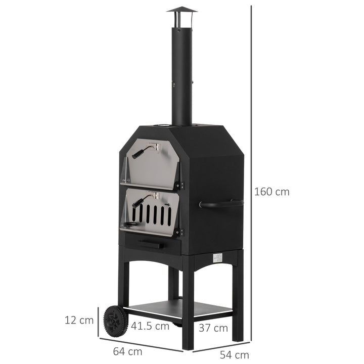 Outdoor Garden Pizza Oven Charcoal BBQ Grill 3-Tier Freestanding w/ Chimney, Mesh Shelf, Thermometer Handles, Wheels Garden Party Gathering Stainless Steel Cooker
