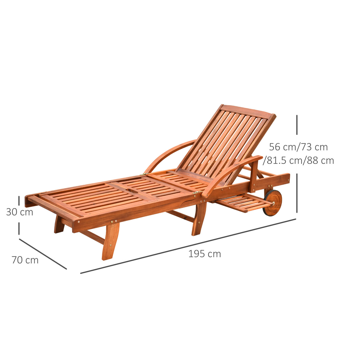 Folding Wooden Sun Lounger, 4-Level Adjustable Garden Lounger Recliner with Side Tray and Wheels, Outdoor Reclining Sunbed with Slatted Seat and Armrests for Patio, Terrace, Teak