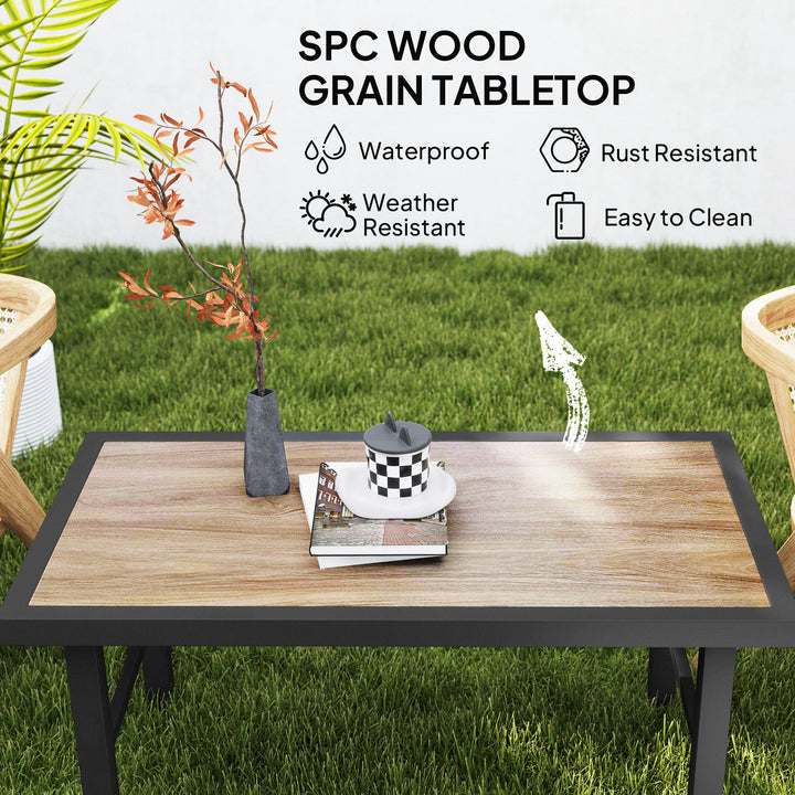Metal Garden Coffee Table, Outdoor Side Table with SPC Woodgrain Tabletop for Outside, Garden, Balcony, Porch, 100 x 53 x 46cm, Brown Wood Effect