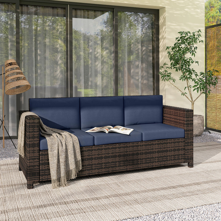 3-Seater Weather Resistant Outdoor Garden Rattan Sofa Dark Blue