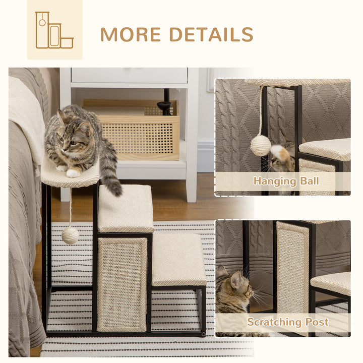 Three-Step Pet Stairs, with Sisal Scratching Board, Toy Hanging Ball, Steel Frame
