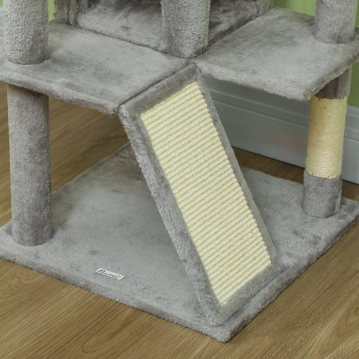 138cm Cat Tree, Multi-Level Cat Tower with Scratching Posts and Pad, Bed, Condos, Platforms, Toy Balls, Light Grey